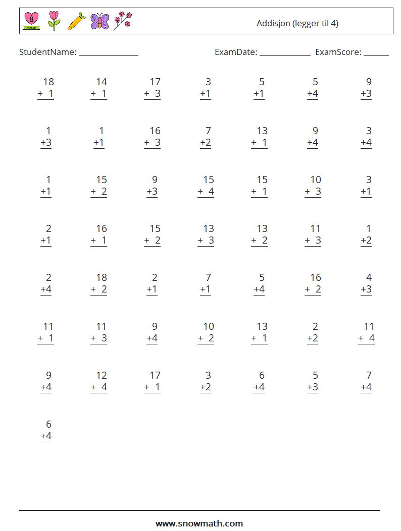 (50) Addisjon (legger til 4) MathWorksheets 2
