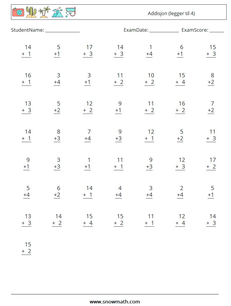 (50) Addisjon (legger til 4) MathWorksheets 6