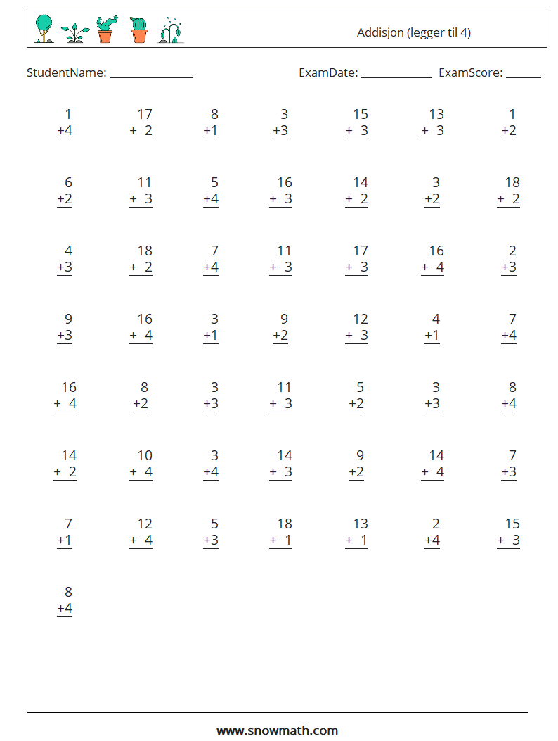 (50) Addisjon (legger til 4) MathWorksheets 8