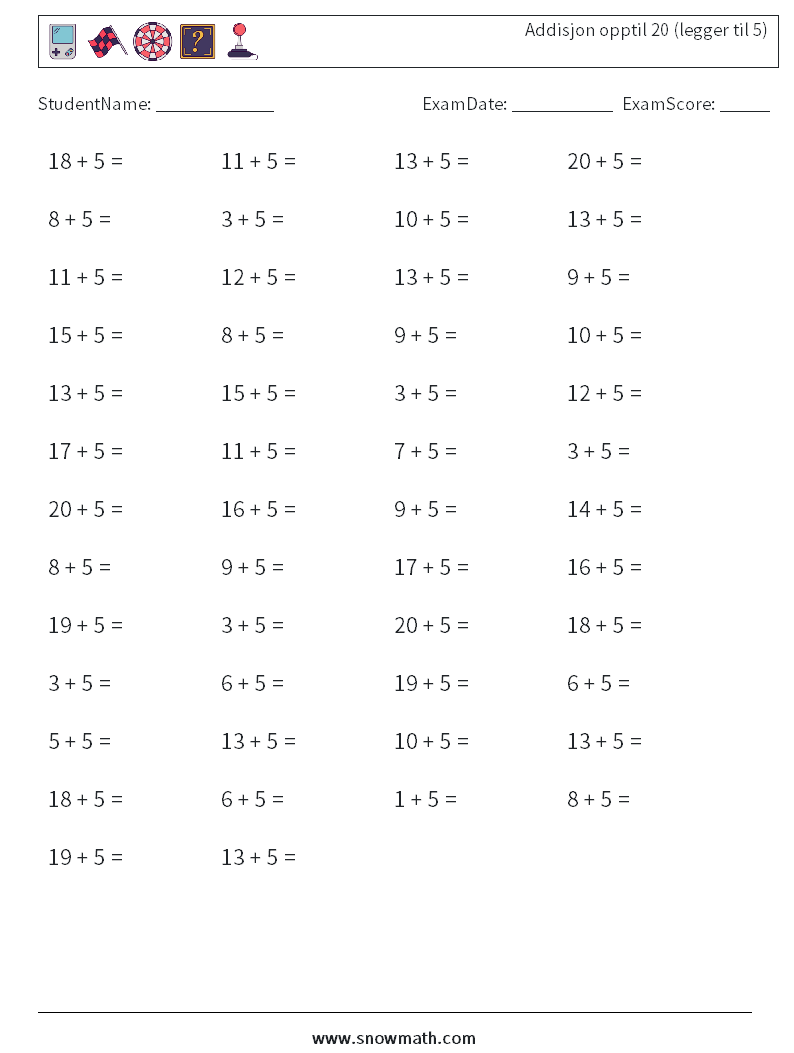 (50) Addisjon opptil 20 (legger til 5) MathWorksheets 1