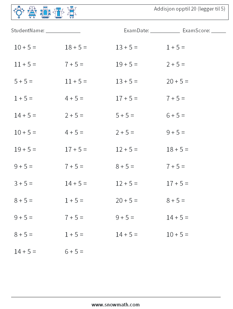 (50) Addisjon opptil 20 (legger til 5) MathWorksheets 2