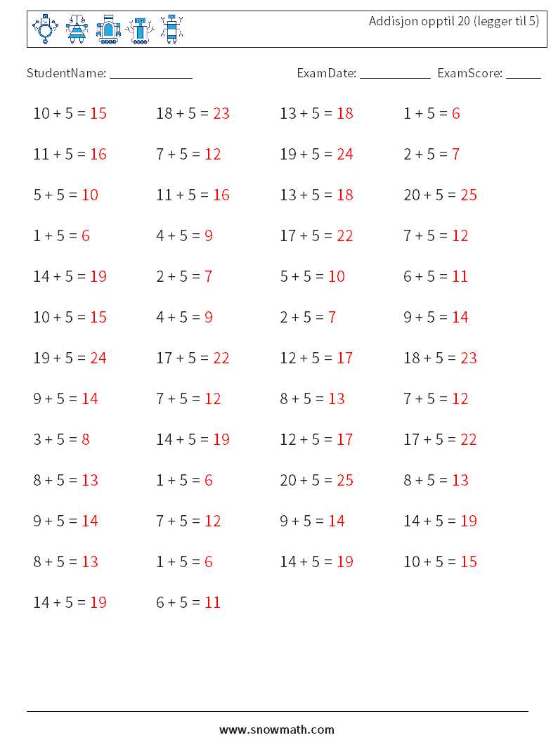 (50) Addisjon opptil 20 (legger til 5) MathWorksheets 2 QuestionAnswer
