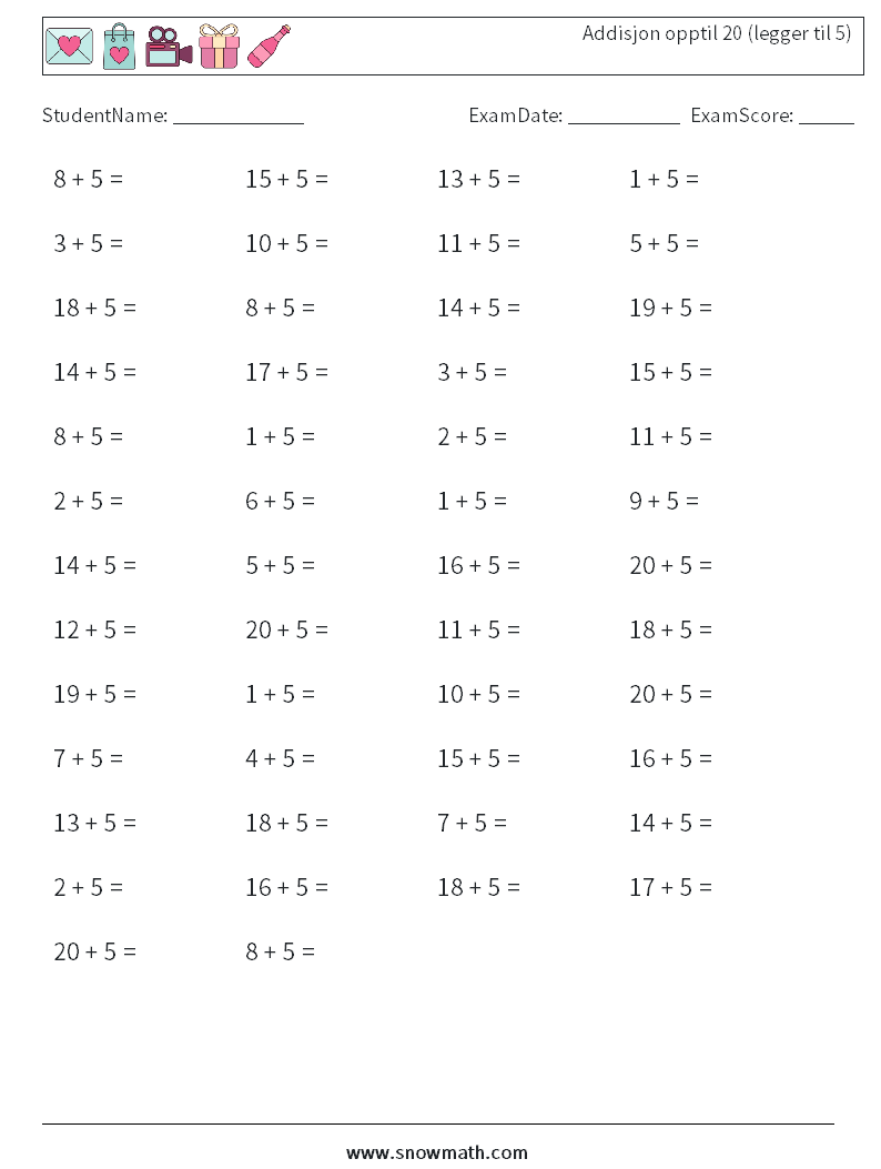 (50) Addisjon opptil 20 (legger til 5) MathWorksheets 4