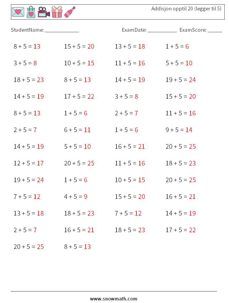 (50) Addisjon opptil 20 (legger til 5) MathWorksheets 4 QuestionAnswer