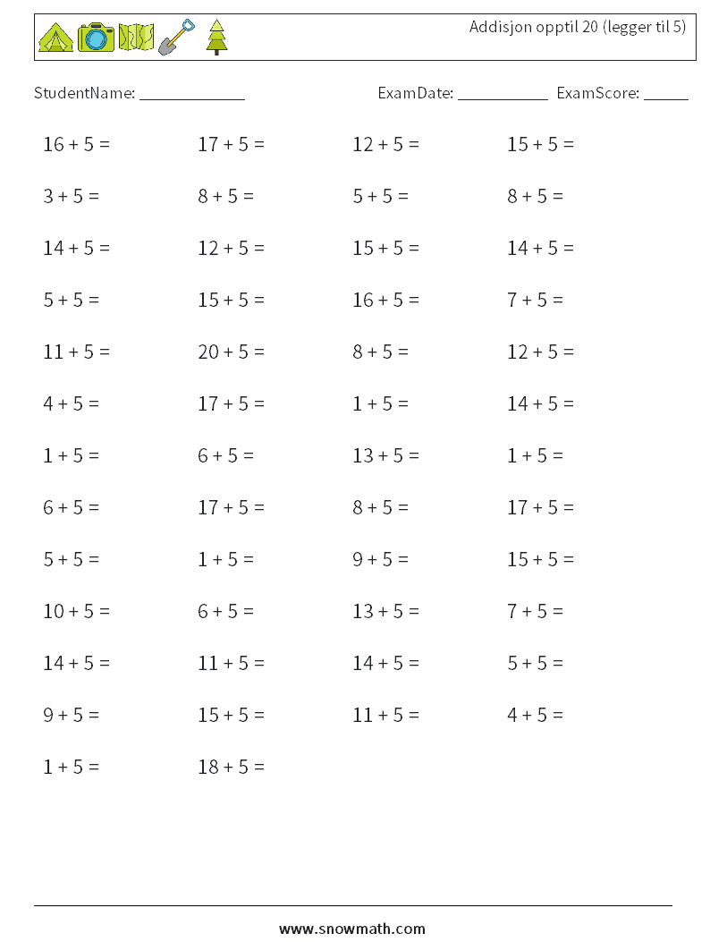 (50) Addisjon opptil 20 (legger til 5) MathWorksheets 5