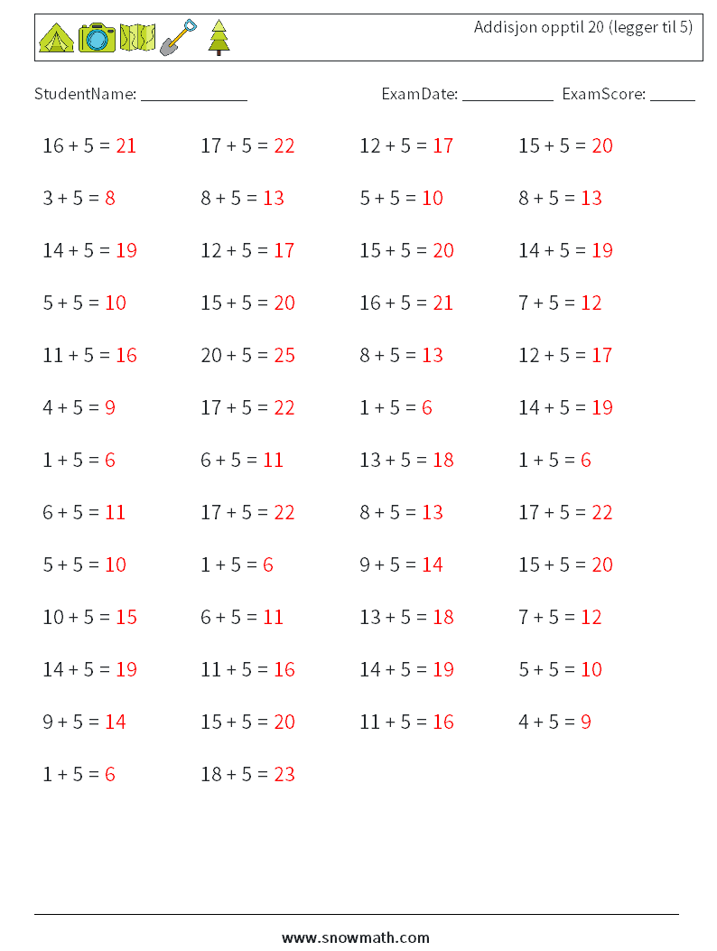 (50) Addisjon opptil 20 (legger til 5) MathWorksheets 5 QuestionAnswer