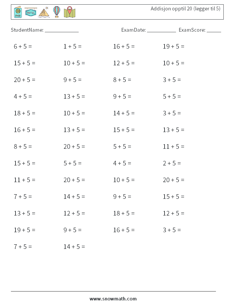 (50) Addisjon opptil 20 (legger til 5) MathWorksheets 8