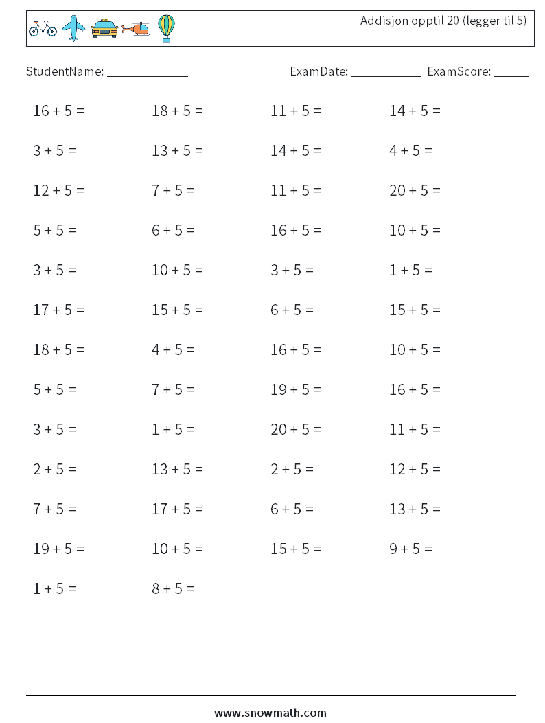 (50) Addisjon opptil 20 (legger til 5) MathWorksheets 9