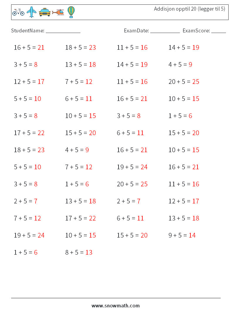 (50) Addisjon opptil 20 (legger til 5) MathWorksheets 9 QuestionAnswer