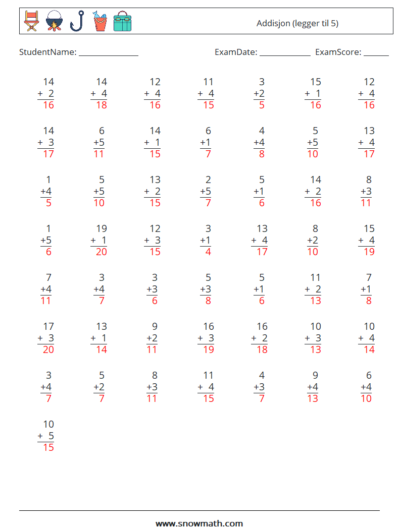 (50) Addisjon (legger til 5) MathWorksheets 15 QuestionAnswer