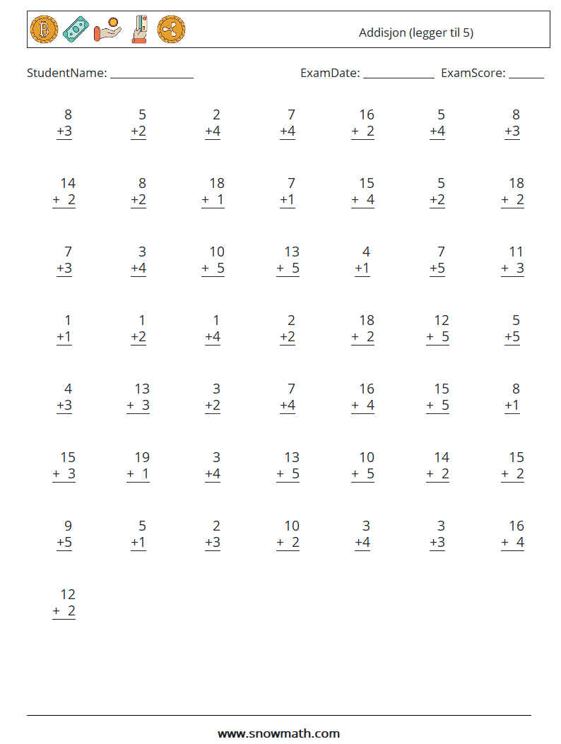 (50) Addisjon (legger til 5) MathWorksheets 4