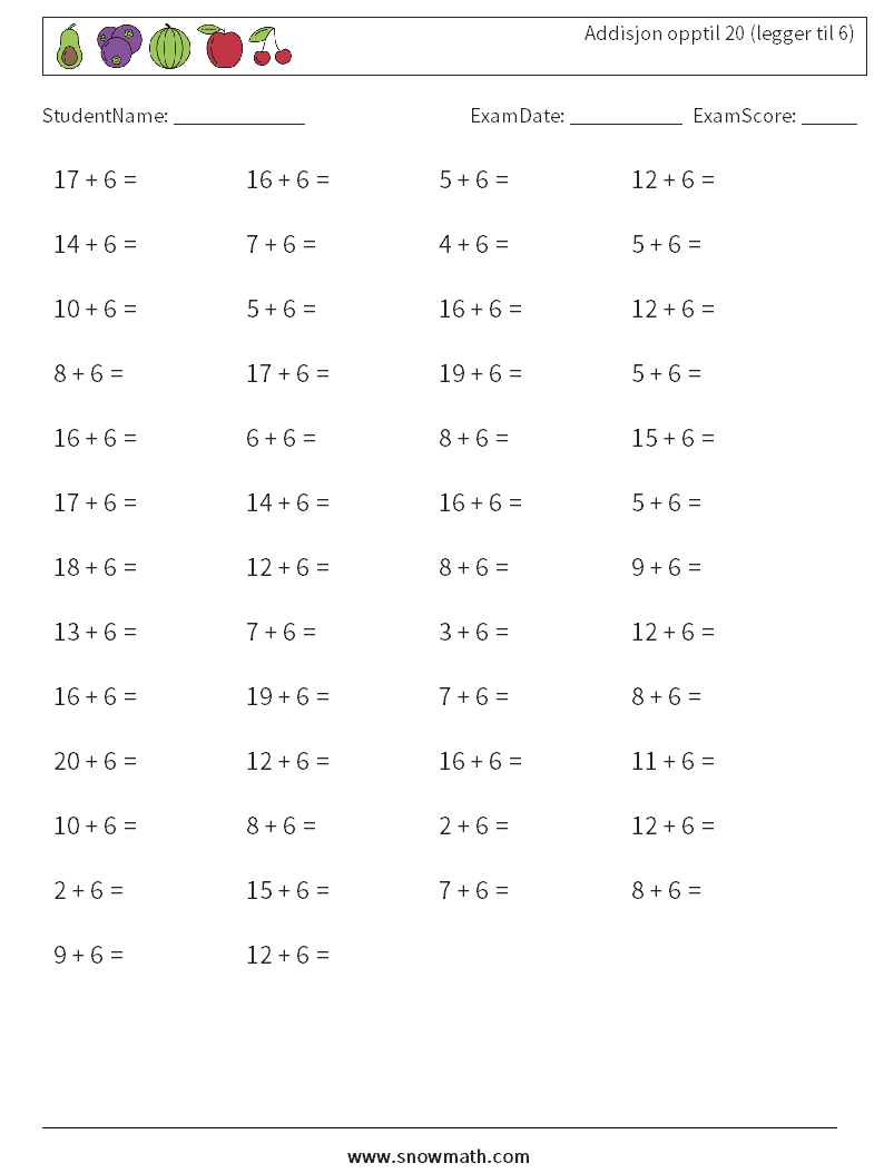 (50) Addisjon opptil 20 (legger til 6)