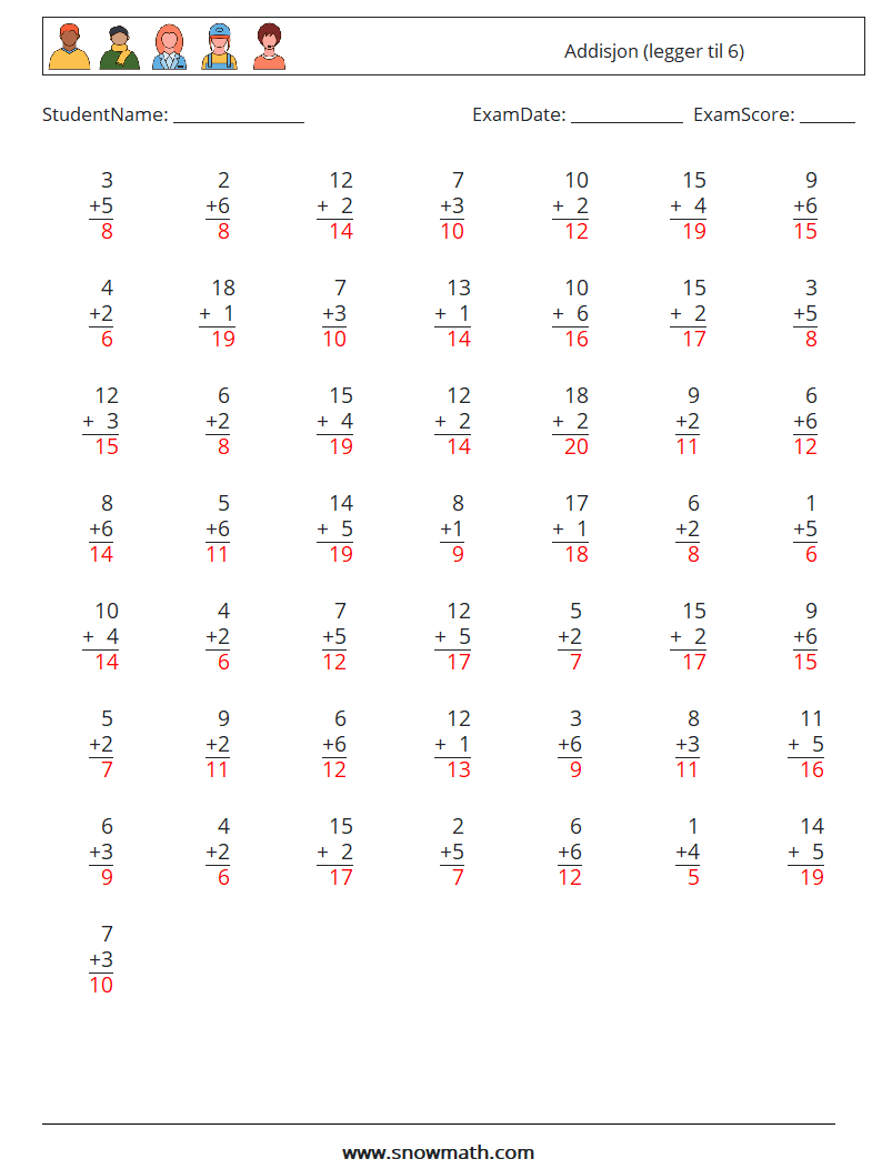 (50) Addisjon (legger til 6) MathWorksheets 10 QuestionAnswer