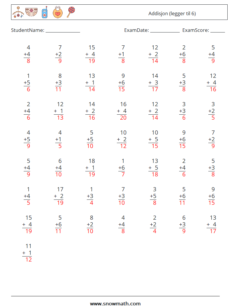 (50) Addisjon (legger til 6) MathWorksheets 15 QuestionAnswer