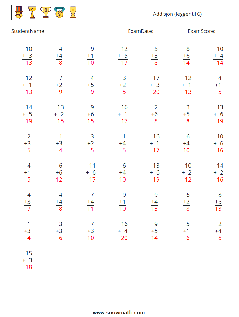 (50) Addisjon (legger til 6) MathWorksheets 17 QuestionAnswer