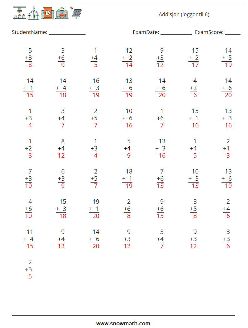 (50) Addisjon (legger til 6) MathWorksheets 18 QuestionAnswer