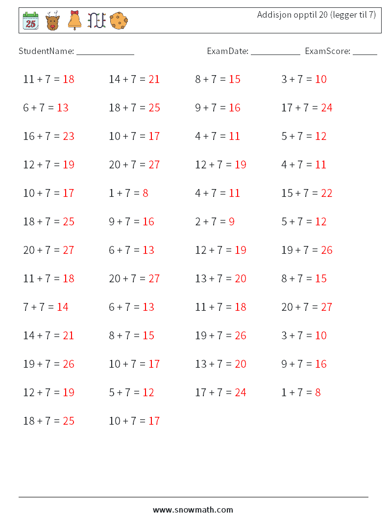 (50) Addisjon opptil 20 (legger til 7) MathWorksheets 1 QuestionAnswer