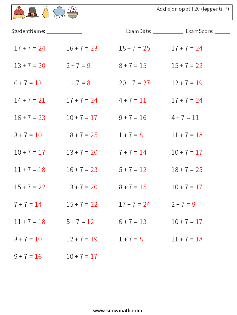 (50) Addisjon opptil 20 (legger til 7) MathWorksheets 2 QuestionAnswer