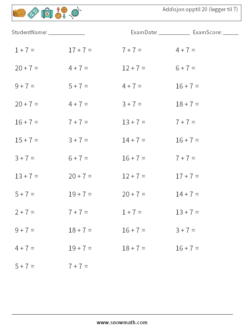 (50) Addisjon opptil 20 (legger til 7) MathWorksheets 4