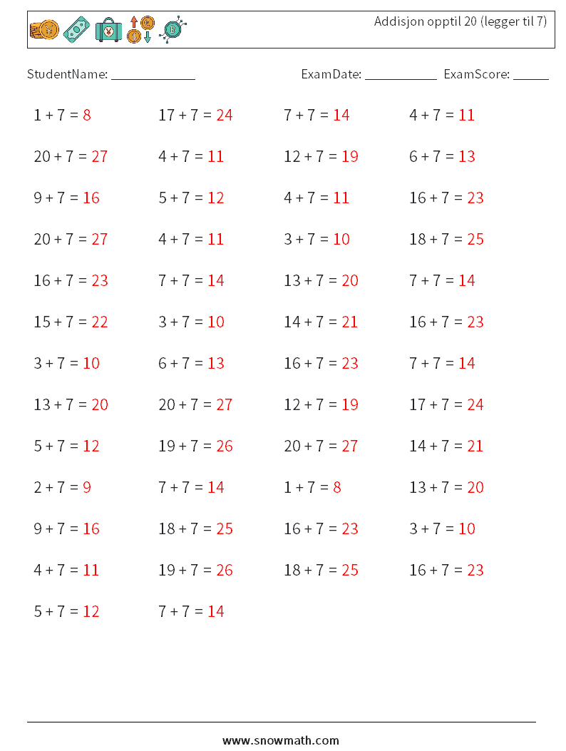 (50) Addisjon opptil 20 (legger til 7) MathWorksheets 4 QuestionAnswer