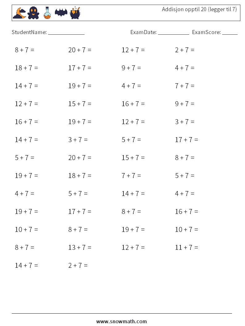 (50) Addisjon opptil 20 (legger til 7) MathWorksheets 5