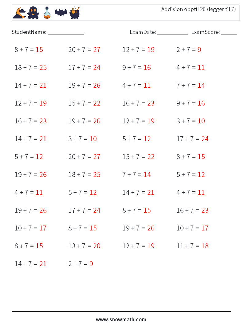 (50) Addisjon opptil 20 (legger til 7) MathWorksheets 5 QuestionAnswer