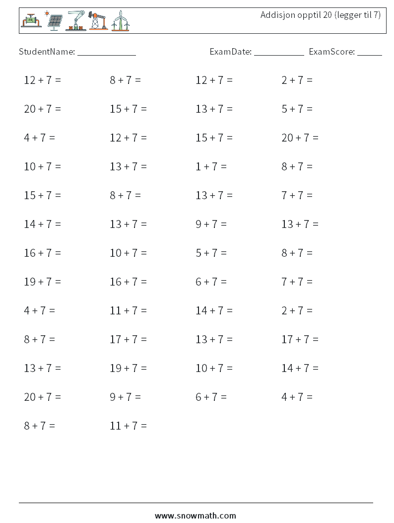 (50) Addisjon opptil 20 (legger til 7) MathWorksheets 6