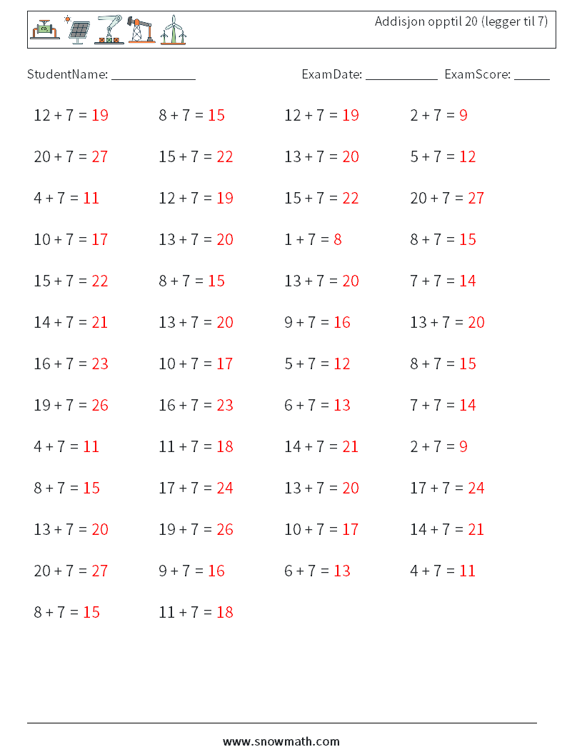 (50) Addisjon opptil 20 (legger til 7) MathWorksheets 6 QuestionAnswer