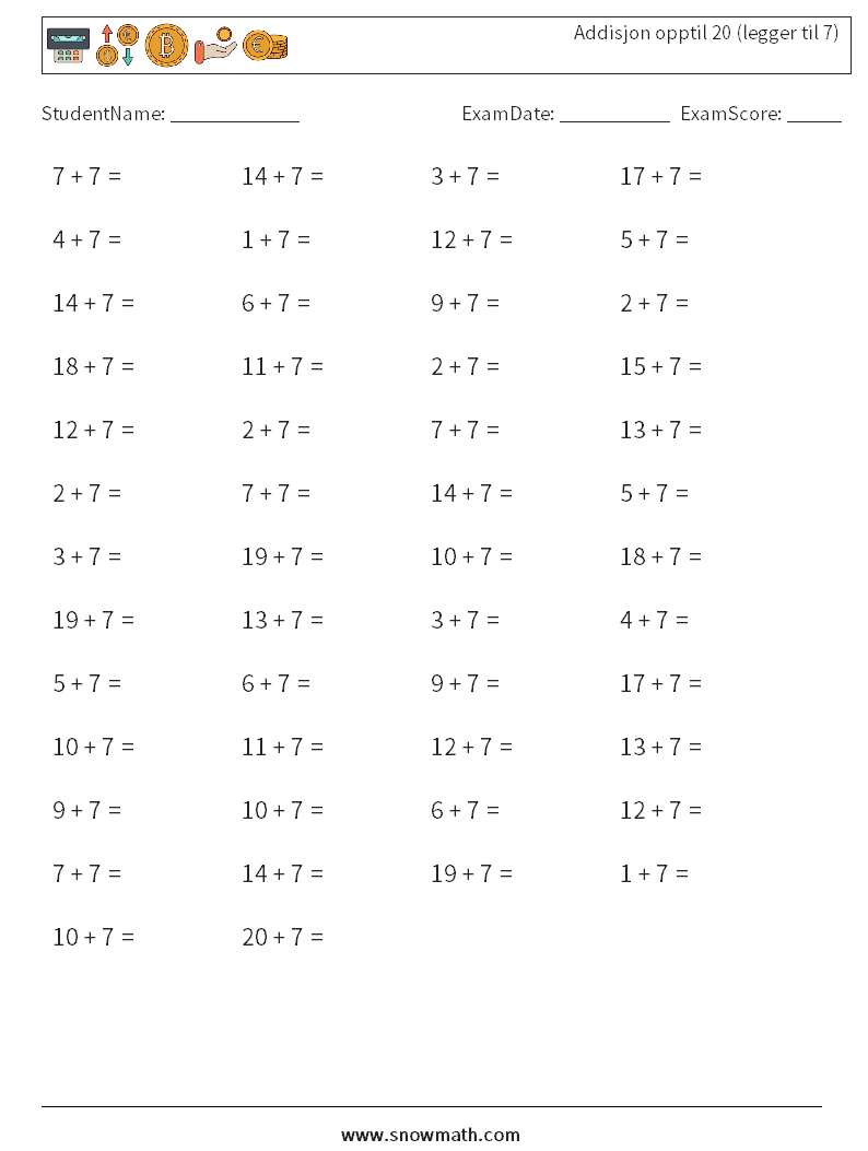 (50) Addisjon opptil 20 (legger til 7) MathWorksheets 7
