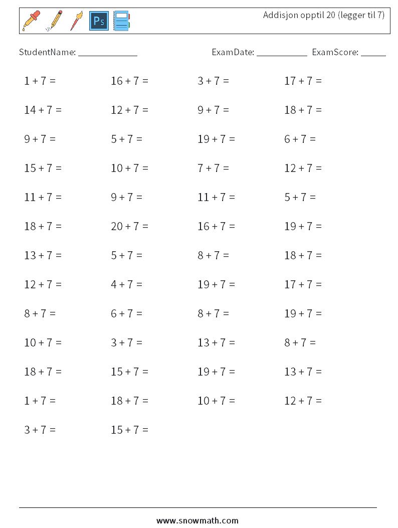 (50) Addisjon opptil 20 (legger til 7) MathWorksheets 8