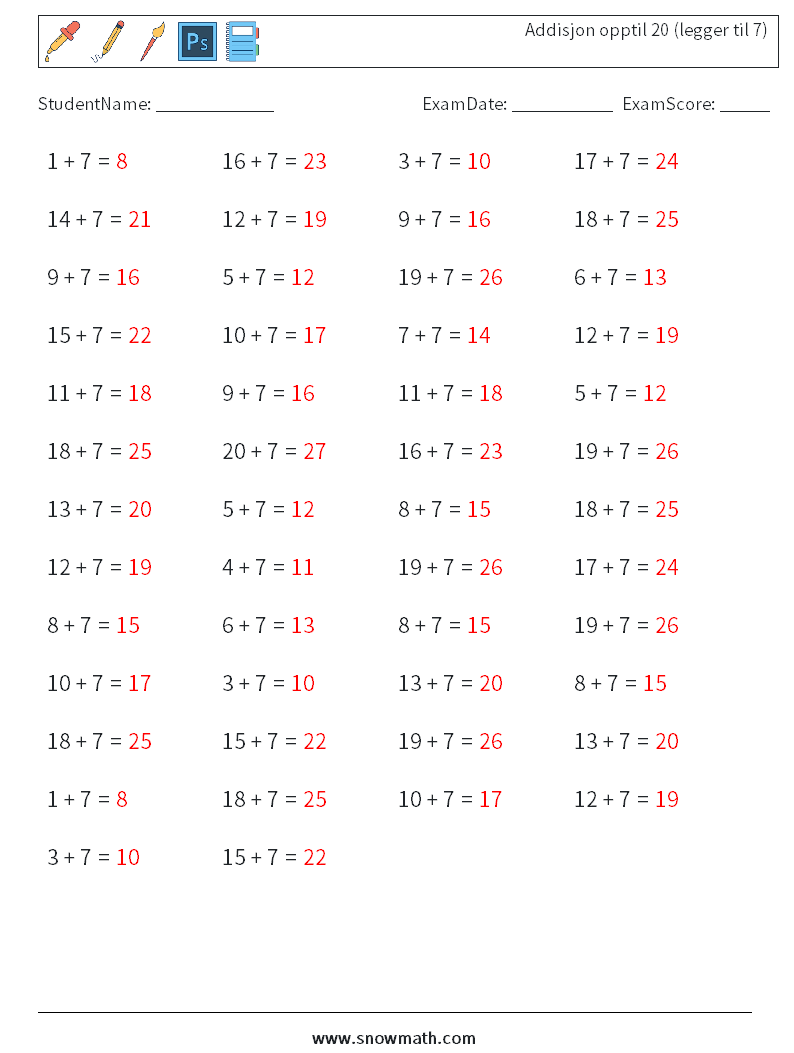 (50) Addisjon opptil 20 (legger til 7) MathWorksheets 8 QuestionAnswer
