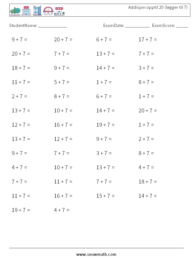 (50) Addisjon opptil 20 (legger til 7) MathWorksheets 9