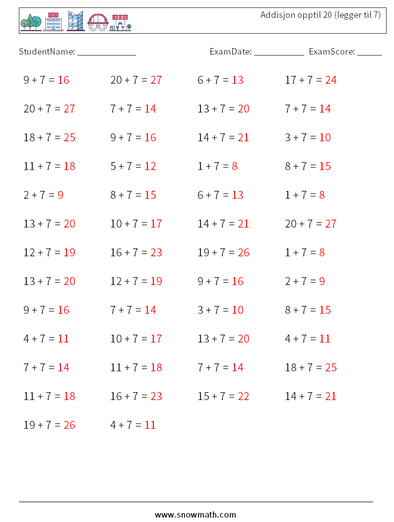 (50) Addisjon opptil 20 (legger til 7) MathWorksheets 9 QuestionAnswer