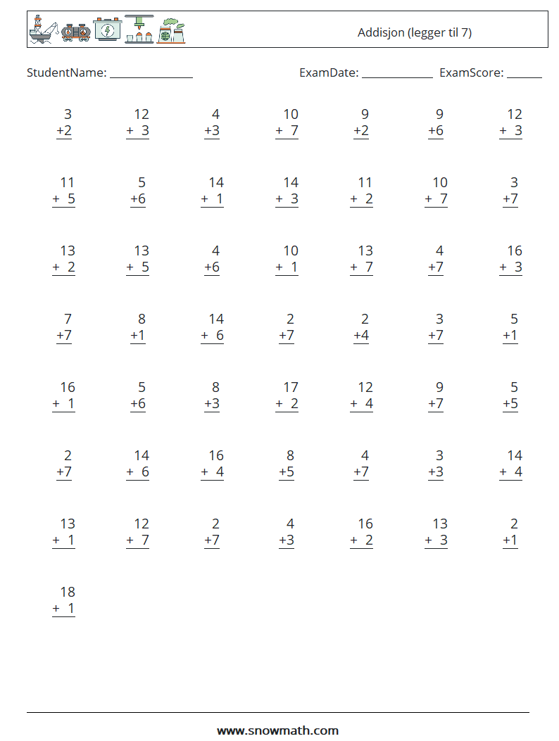 (50) Addisjon (legger til 7) MathWorksheets 10