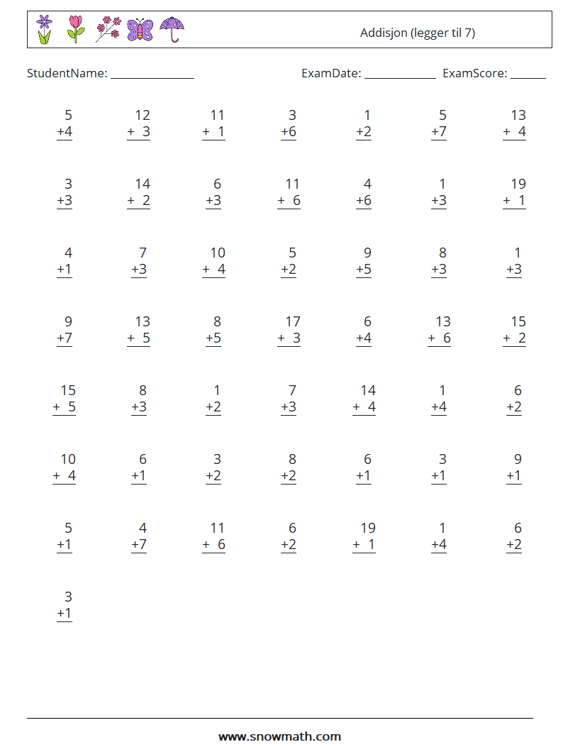 (50) Addisjon (legger til 7) MathWorksheets 11