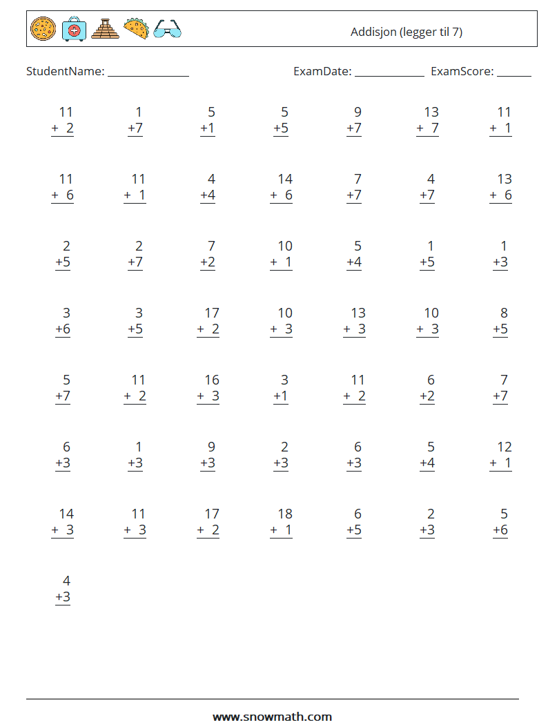 (50) Addisjon (legger til 7) MathWorksheets 12