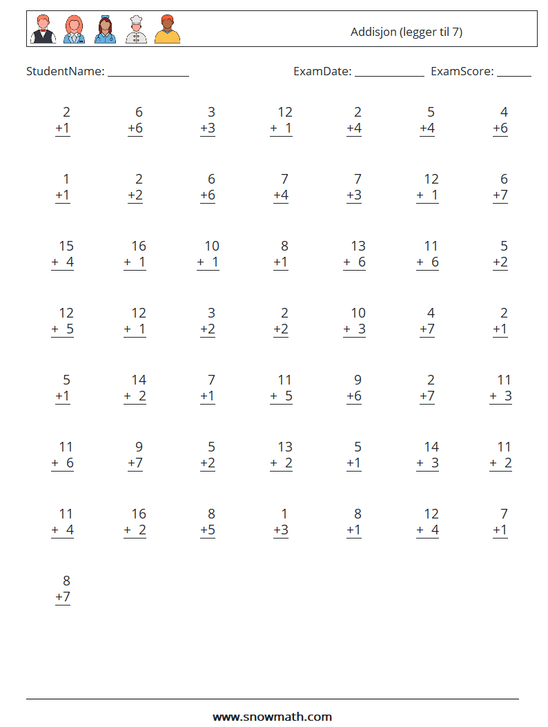 (50) Addisjon (legger til 7) MathWorksheets 13