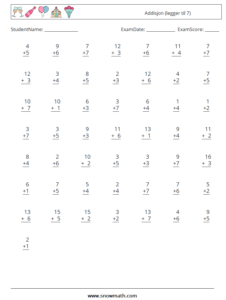 (50) Addisjon (legger til 7) MathWorksheets 14