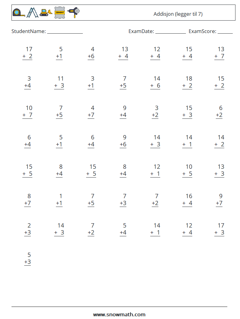 (50) Addisjon (legger til 7) MathWorksheets 15