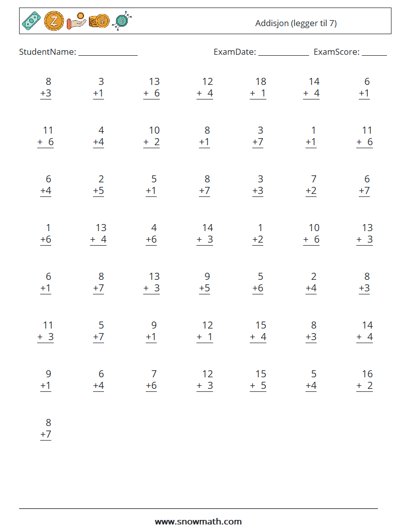 (50) Addisjon (legger til 7) MathWorksheets 16