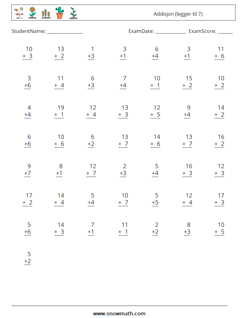 (50) Addisjon (legger til 7) MathWorksheets 17