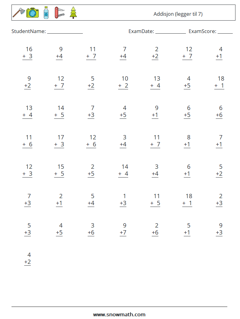 (50) Addisjon (legger til 7) MathWorksheets 18