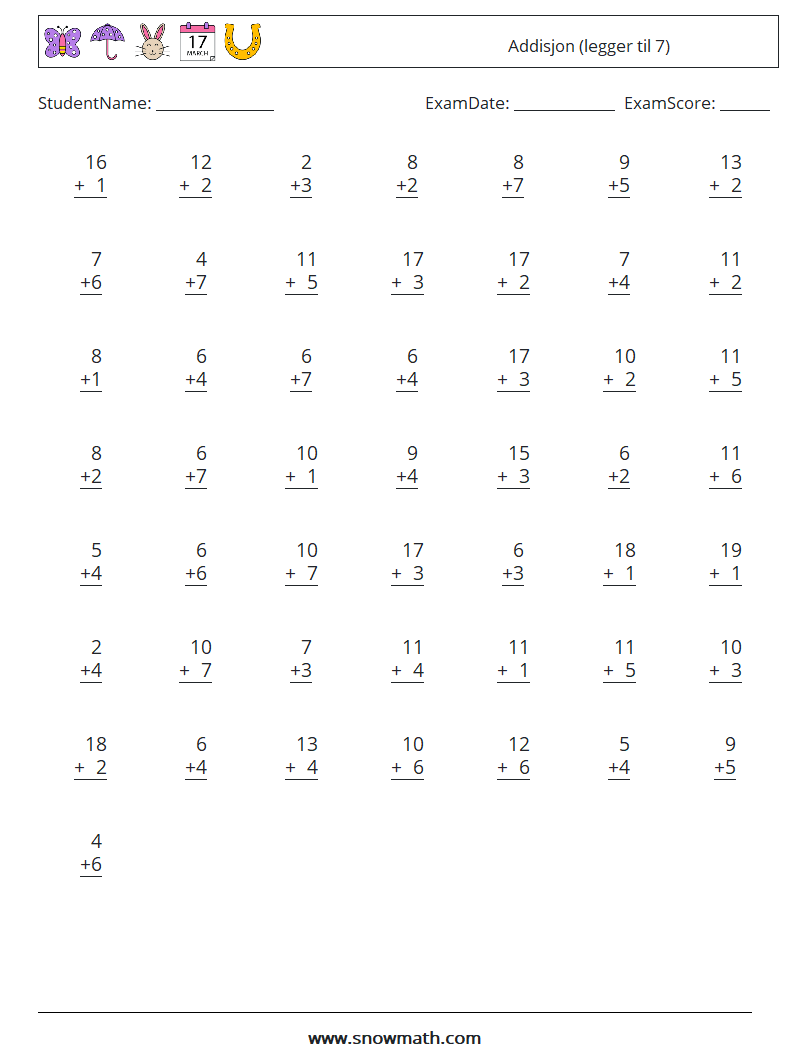 (50) Addisjon (legger til 7) MathWorksheets 3