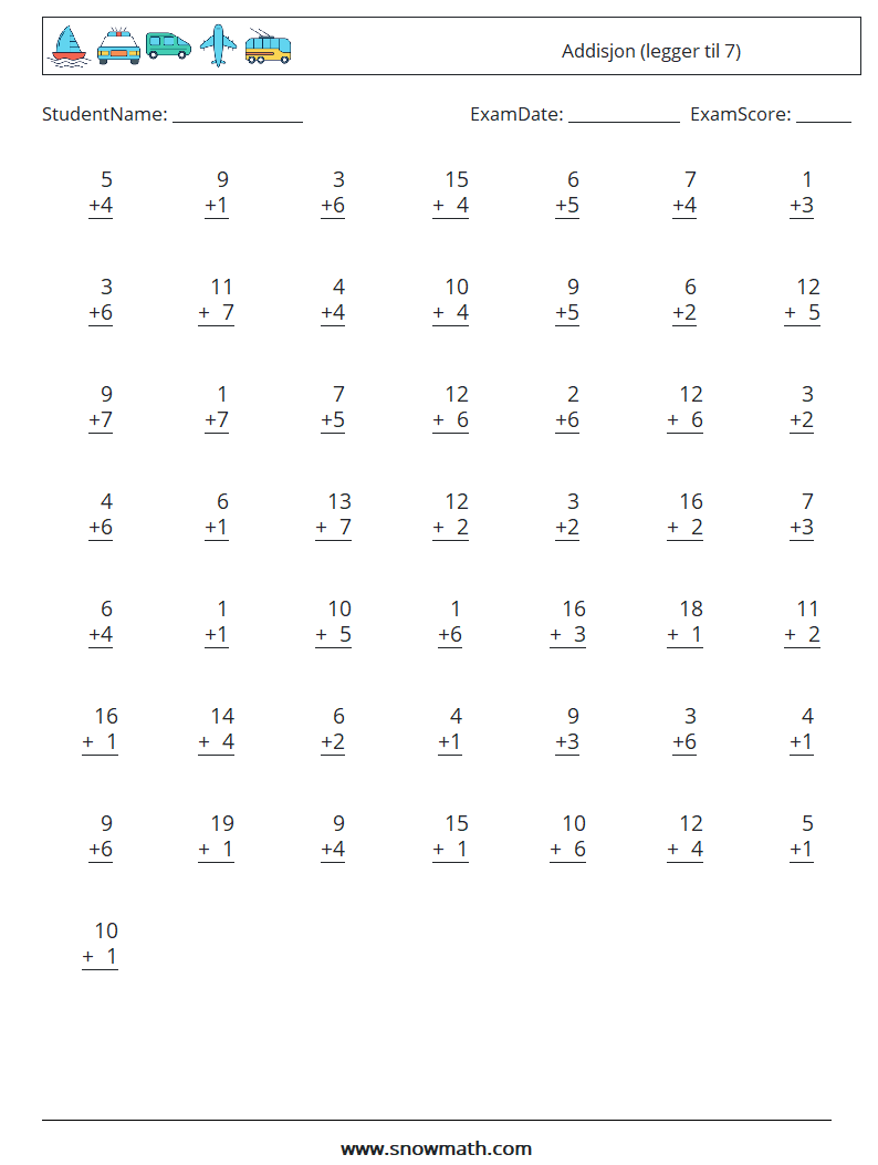 (50) Addisjon (legger til 7) MathWorksheets 4