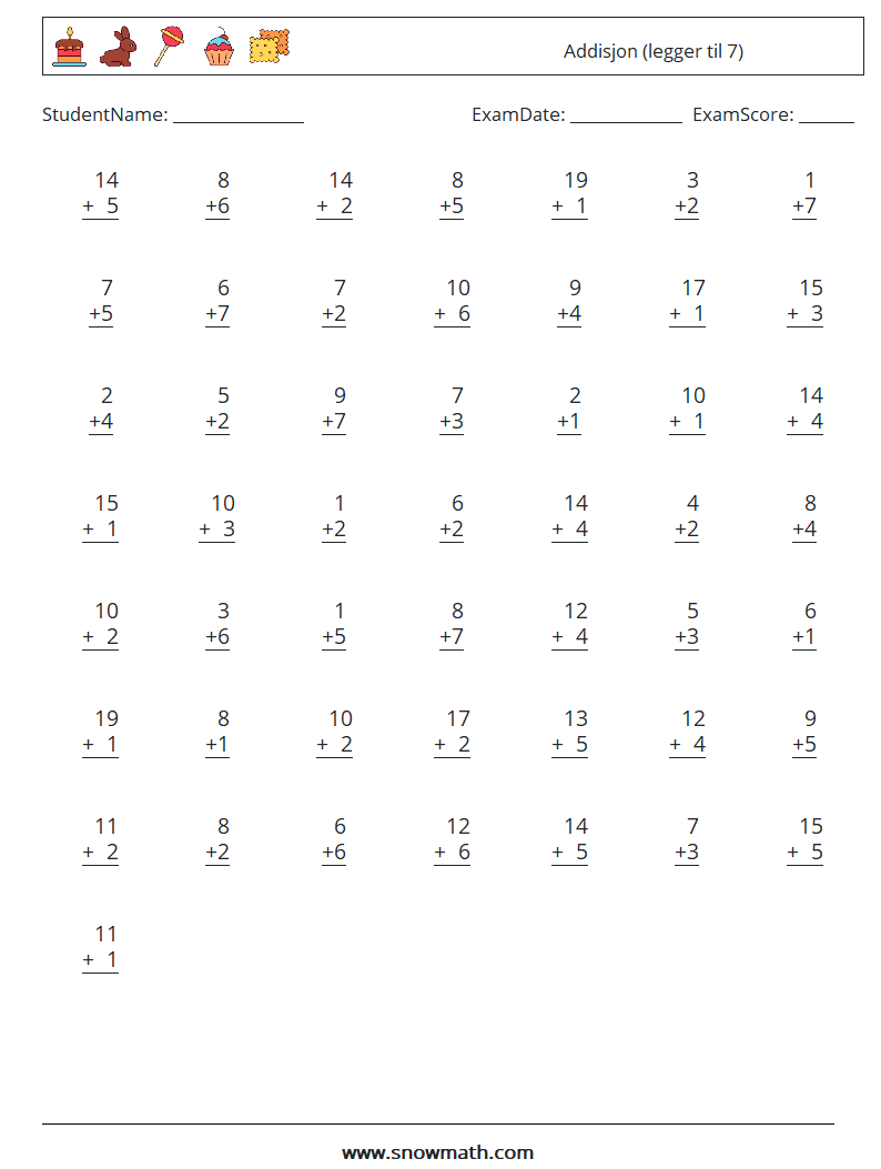 (50) Addisjon (legger til 7) MathWorksheets 6