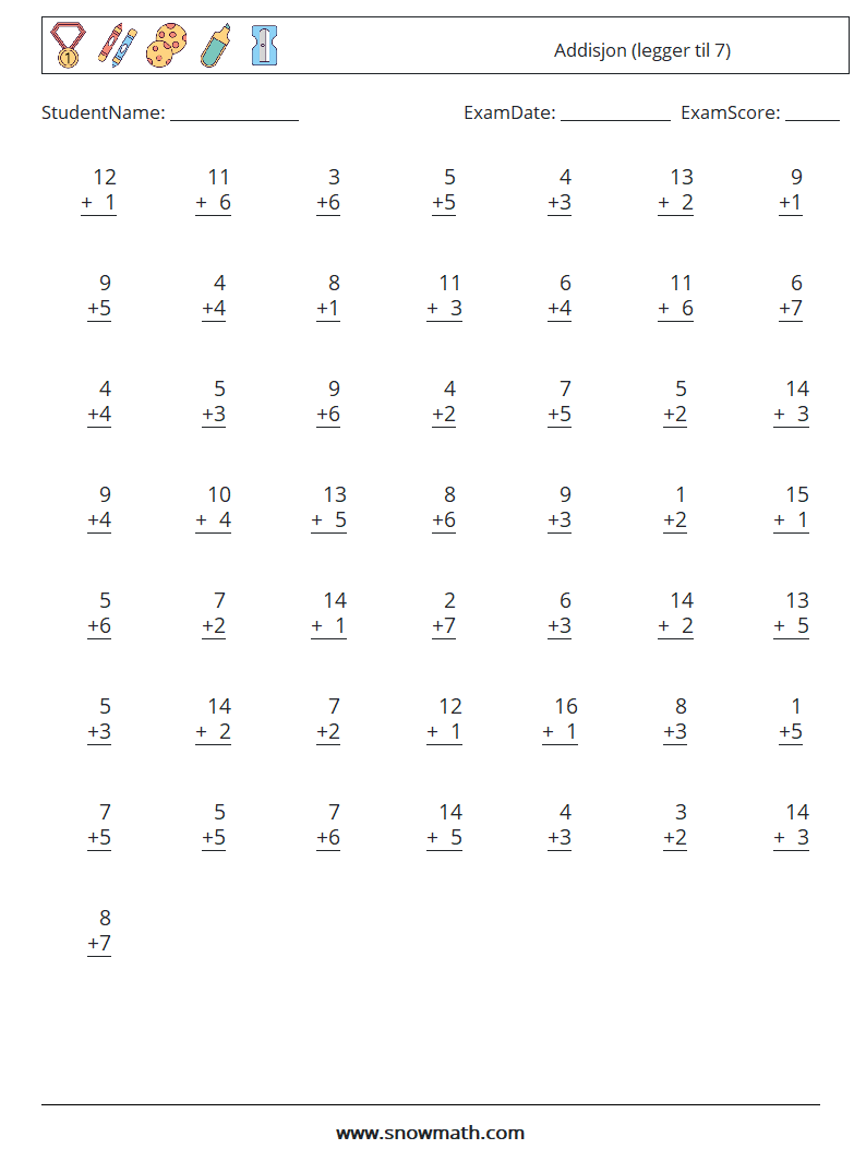 (50) Addisjon (legger til 7) MathWorksheets 7