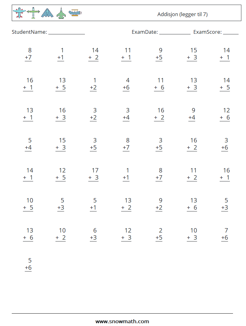 (50) Addisjon (legger til 7) MathWorksheets 9