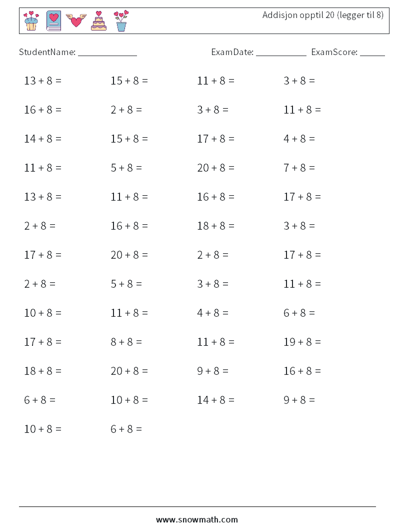 (50) Addisjon opptil 20 (legger til 8) MathWorksheets 1