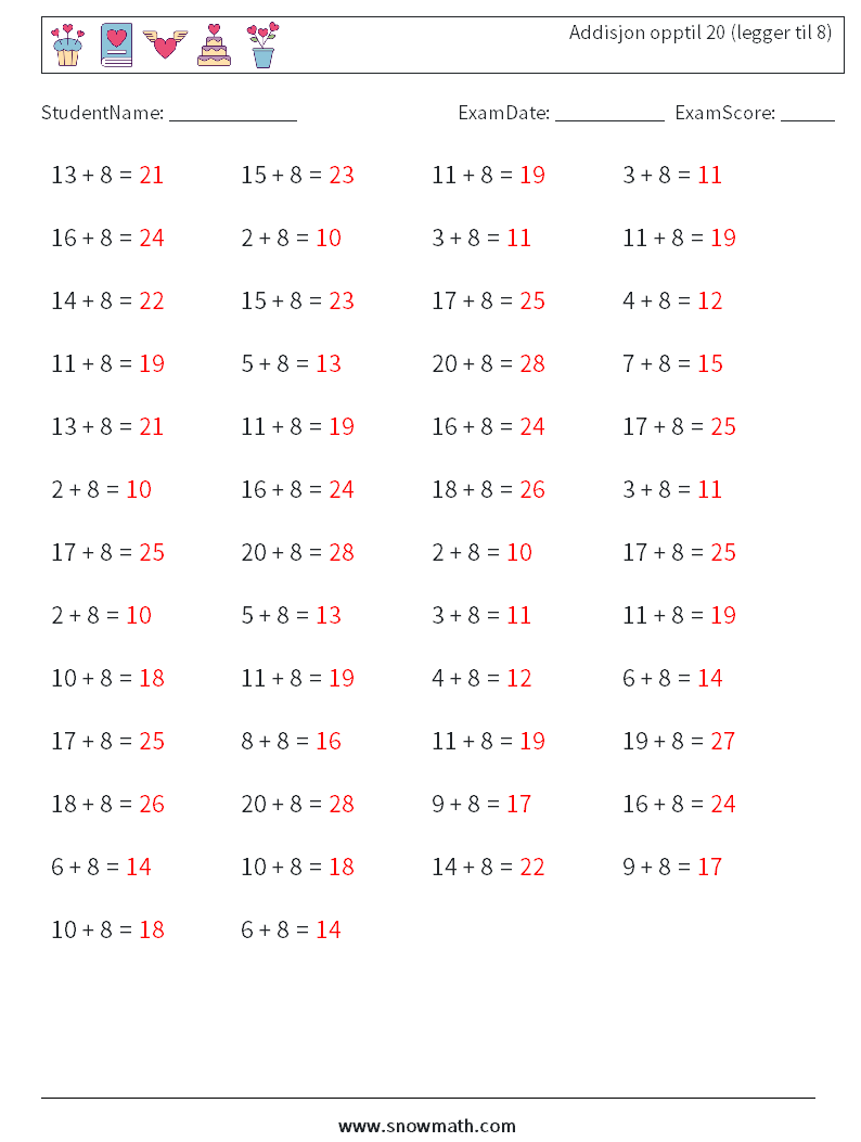 (50) Addisjon opptil 20 (legger til 8) MathWorksheets 1 QuestionAnswer