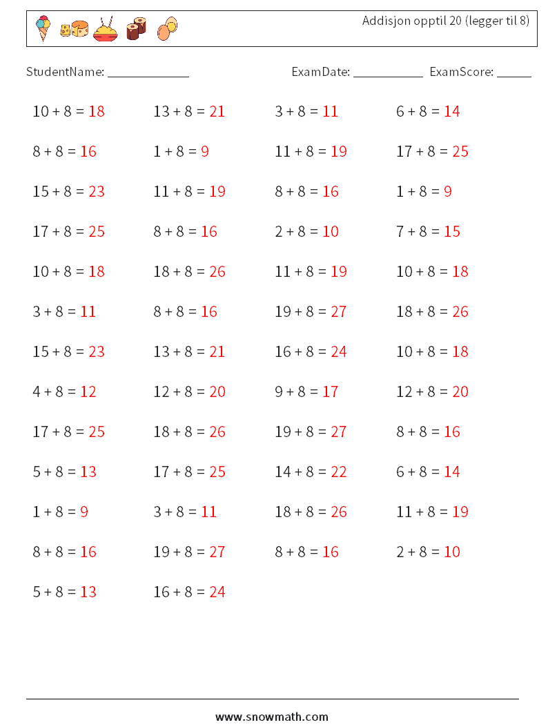 (50) Addisjon opptil 20 (legger til 8) MathWorksheets 2 QuestionAnswer